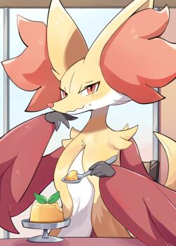 crumbs delphox eating food gen_6_pokemon holding holding_spoon komanychi looking_at_viewer nintendo pokemon pokemon_(creature) pudding red_eyes solo spoon upper_body