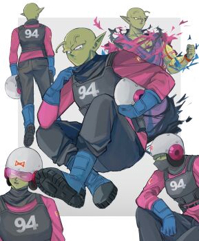 1boy antennae bald biceps black_eyes blue_footwear blue_gloves boots border bulletproof_vest clenched_hand closed_mouth colored_skin commentary_request covered_mouth dougi dragon_ball dragon_ball_super dragon_ball_super_super_hero facing_away from_behind frown gloves green_skin grey_background grey_helmet grey_mask grey_pants helmet highres holding holding_unworn_helmet j_ooey long_sleeves looking_at_viewer looking_to_the_side male_focus mask mouth_mask multiple_views muscular muscular_male namekian open_mouth outside_border pants pectorals piccolo pink_shirt pointy_ears pouch profile red_ribbon_army serious shirt simple_background sitting standing teeth torn_clothes unworn_headwear unworn_helmet upper_teeth_only v-shaped_eyebrows vest white_border
