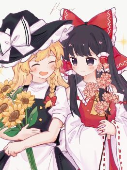2girls absurdres apron ascot black_hat black_vest blonde_hair blush bow braid branch brown_eyes brown_hair chinese_commentary closed_eyes closed_mouth commentary_request detached_sleeves flower flower_request frilled_bow frilled_hair_tubes frills hair_bow hair_tubes hakurei_reimu hat hat_bow highres holding holding_branch kirisame_marisa long_hair multiple_girls nizi_nnz open_mouth pink_flower red_bow red_skirt ribbon-trimmed_sleeves ribbon_trim side_braid single_braid skirt skirt_set smile sunflower touhou vest waist_apron white_apron white_bow witch_hat yellow_ascot yellow_flower
