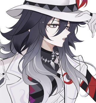 Rule 34 | 1boy, 91vvpsp, ashveil (honkai: star rail), badge, bishounen, black hair, bright pupils, fedora, gloves, gradient hair, grey eyes, hair between eyes, hand on headwear, hashtag-only commentary, hat, highres, honkai: star rail, honkai (series), jacket, jewelry, long hair, male focus, multicolored hair, necklace, parted lips, simple background, streaked hair, symbol-shaped pupils, teeth, turtleneck, upper teeth only, white gloves, white pupils