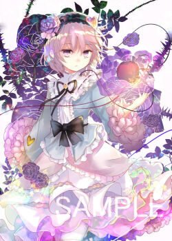 1girl black_hairband black_ribbon blue_shirt commentary_request embellished_costume eyeball flower frilled_hairband frilled_shirt_collar frilled_sleeves frills hair_flower hair_ornament hairband heart heart_hair_ornament kazu_(muchuukai) komeiji_satori long_sleeves neck_ribbon pink_eyes pink_hair pink_skirt purple_flower purple_rose ribbon ribbon-trimmed_collar ribbon_trim rose sample_watermark shirt skirt solo third_eye touhou watermark