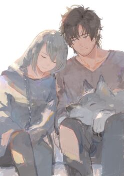 alternate_costume beard_stubble black_hair black_pantyhose blue_sweater braid breasts brown_sweater closed_eyes commentary_request couple facial_hair feet_out_of_frame final_fantasy final_fantasy_xvi grey_hair hair_between_eyes hair_over_shoulder hetero highres j2_path lap_pillow leaning_on_person light_smile long_hair looking_at_another medium_breasts pantyhose short_hair side_braid stubble sweater torgal_(ff16) white_background wolf