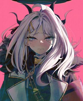 1girl absurdres armband black_halo blue_archive coat coat_on_shoulders crying crying_with_eyes_open demon_girl demon_horns forehead hair_ornament hairclip halo highres hina_(blue_archive) horns long_hair looking_at_viewer multiple_horns parted_bangs pink_background purple_eyes red_armband solo streaming_tears tears upper_body very_long_hair white_hair yongkak