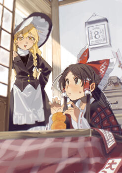 2girls absurdres alternate_costume apron arrow_(projectile) balancing black_hat black_jacket blonde_hair blurry bow braid brown_eyes brown_hair calendar_(object) commentary_request depth_of_field dotera_(clothes) food frilled_bow frills fruit hair_bow hair_tubes hakurei_reimu hamaya hat hat_bow highres horse indoors jacket kirisame_marisa kotatsu long_hair long_sleeves mandarin_orange multiple_girls open_mouth red_bow shi_chimi shouji side_braid single_braid sitting sliding_doors smile sweatdrop table touhou under_kotatsu under_table waist_apron white_apron white_bow witch_hat yellow_eyes