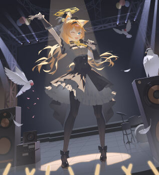 1girl absurdres arm_up bird black_dress black_hairband blue_archive commentary_request dove dress drum drum_set hairband halo highres instrument jiyue_(murasame524) long_hair mari_(blue_archive) music one_eye_closed open_mouth pantyhose singing solo spotlight stage