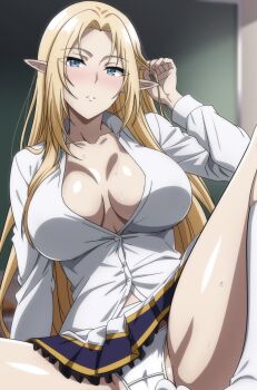 1girl alpha_(kage_no_jitsuryokusha_ni_naritakute!) blonde_hair blue_skirt blurry blurry_background blush breasts chalkboard cleavage crotch_seam elf full-face_blush groin highres kage_no_jitsuryokusha_ni_naritakute! large_breasts long_hair looking_at_viewer makiri_akira open_mouth partially_unbuttoned pointy_ears school_uniform skirt solo spread_legs sweat thighhighs very_long_hair white_thighhighs