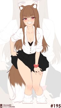 1girl absurdres animal_ears black_bra black_shoes black_skirt blush bra breasts brown_hair cleavage clothes_lift collarbone commentary dress_shirt english_commentary fang highres holo likunea long_hair patreon_logo patreon_username red_eyes scrunchie shirt shoes simple_background skirt skirt_lift solo spice_and_wolf standing tail teasing thighs twitter_username twitter_x_logo underwear white_shirt wolf_ears wolf_girl wolf_tail zoom_layer