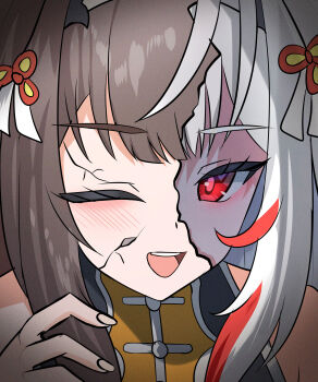 1girl ^_^ absurdres bibitapel blush brown_hair china_dress chinese_clothes closed_eyes clover_hair_ornament cracked_kawaii_mask dress fingernails hair_ornament happy headband highres light_blush mismatched_eyebrows red_eyes red_streaks sidelocks sleeveless teeth upper_teeth_only white_hair ye_shunguang zenless_zone_zero