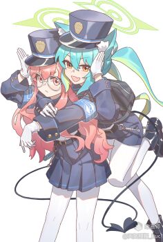 2girls :d absurdres animal_ear_fluff animal_ears aqua_hair armband arms_up black_boots blue_archive blue_hat blue_jacket blue_shorts blue_skirt blush boots cat_ears cat_girl character_request closed_mouth cosplay demon_tail double-parted_bangs fang feet_out_of_frame glasses gloves green_hat hair_between_eyes hat highres hikari_(blue_archive) hikari_(blue_archive)_(cosplay) hug hug_from_behind jacket leg_up long_hair long_sleeves mihuashi_username multiple_girls nozomi_(blue_archive) nozomi_(blue_archive)_(cosplay) open_mouth pantyhose pantyhose_under_shorts peaked_cap pink_eyes pink_hair pleated_skirt round_eyewear shorts simple_background skin_fang skirt smile standing standing_on_one_leg tail tianqiyubao_euc twintails white_background white_gloves white_pantyhose yellow_eyes