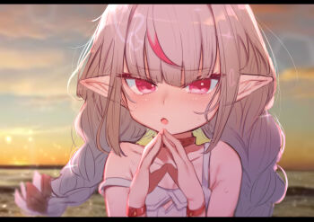 1girl :o absurdres bare_shoulders blurry blurry_background blush braid collar depth_of_field dress fang female_focus grey_hair hands_up highres letterboxed long_hair looking_at_viewer makaino_ririmu makaino_ririmu_(3rd_costume) multicolored_hair nijisanji nose_blush outdoors parted_lips pointy_ears red_collar red_eyes red_hair sleeveless sleeveless_dress solo steepled_fingers strap_slip streaked_hair sunset sweat twin_braids upper_body utsusumi_kio virtual_youtuber white_dress