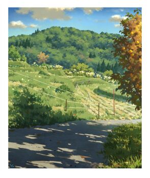 blue_sky border cloud commentary_request field forest fruit_tree hill kgpmdn268 nature no_humans original outdoors road scenery shadow sky sun tree white_border