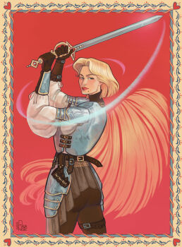 1girl absurdres blonde_hair blue_eyes closed_mouth cutting_hair dreamworks genderswap genderswap_(mtf) highres holding holding_sword holding_weapon mole mole_under_mouth prince_charming_(shrek) ravangie shrek_(series) solo standing sword weapon