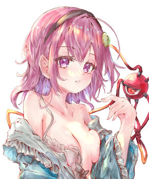 absurdres areola_slip black_hairband blouse blue_shirt bra breast_press breasts buttons commentary_request disembodied_linked_eye eyeball frilled_shirt_collar frilled_sleeves frills hair_ornament hairband heart heart_button heart_hair_ornament highres ikazuchi_akira komeiji_satori looking_at_viewer medium_breasts partially_undressed pink_bra pink_eyes pink_hair ribbon-trimmed_collar ribbon_trim shirt simple_background subterranean_animism touhou underwear undressing upper_body white_background