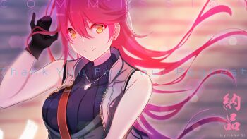 1girl artist_name bare_shoulders belt black_gloves breasts close-up closed_mouth commission crop_top cropped_jacket dog_tags double-parted_bangs eiyuu_densetsu english_text floating_hair furisode_(pixilvina) glint gloves hair_between_eyes highres jacket large_breasts long_hair looking_at_viewer pink_hair sara_valestein sen_no_kiseki_(series) shorts simple_background skeb_commission sleeveless sleeveless_jacket smile solo watermark yellow_eyes