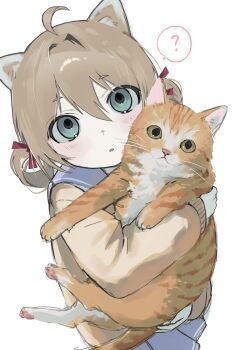 1girl :o ? animal animal_ears blue_eyes blue_sailor_collar blue_skirt cardigan cat cat_ears cat_girl commentary cowboy_shot double-parted_bangs english_commentary from_above hair_between_eyes hair_intakes hair_ribbon hair_rings highres holding holding_animal holding_cat light_blush looking_at_viewer m888992l7 miniskirt neuro-sama official_alternate_hairstyle orange_cat pleated_skirt red_ribbon ribbon sailor_collar simple_background skirt solo spoken_question_mark vedal_ai white_background yellow_cardigan