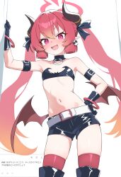 1girl absurdres alternate_costume arm_up bare_shoulders belt belt_buckle black_boots black_bra black_collar black_gloves black_horns black_ribbon black_shorts blue_archive blush boots bra bracelet buckle collar commentary_request cosplay cowboy_shot demon_girl demon_horns demon_wings earrings etna_(disgaea) etna_(disgaea)_(cosplay) fang flat_chest gloves hair_between_eyes hair_ribbon halo hand_on_own_hip highres horn_ornament horn_ribbon horns hr.r jewelry junko_(blue_archive) loli long_hair looking_at_viewer low_wings navel open_mouth pink_eyes pointy_ears red_hair red_halo red_thighhighs red_wings ribbon short_shorts shorts simple_background skin_fang skull_earrings slit_pupils solo stomach thighhighs thighhighs_under_boots thighs twintails underwear very_long_hair white_background white_belt wings zettai_ryouiki