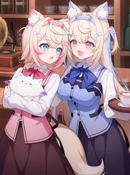 2girls animal_ear_fluff animal_ears bandaid bandaid_hair_ornament blonde_hair blue_bow blue_bowtie blue_eyes blue_hairband blue_nails blue_shirt blue_skirt blue_streaks blush bottle bow bowtie breasts cabinet chelly_(glisten_chelly) collared_shirt commentary cowboy_shot crossed_bangs cup dog_ears dog_girl dog_tail double-parted_bangs frilled_sleeves frills fuwawa_abyssgard hair_intakes hair_ornament hairband hairclip hand_on_another&#039;s_shoulder highres holding holding_tray hololive hololive_english indoors large_breasts layered_shirt long_hair long_skirt long_sleeves looking_at_another mococo_abyssgard multicolored_hair multiple_girls open_mouth phonograph pink_bow pink_bowtie pink_eyes pink_hairband pink_nails pink_shirt pink_skirt pink_streaks saucer shirt short_hair siblings sidelocks sisters skirt sleeves_past_wrists streaked_hair tail teacup tray two_side_up vinyl_record virtual_youtuber white_shirt x_hair_ornament