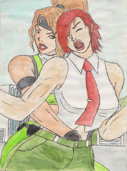 2girls female_focus hairband headband long_hair mortal_kombat_(series) multiple_girls orange_hair outdoors pants ponytail red_hair shadman-art short_hair sonya_blade the_king_of_fighters vanessa_(kof) yuri