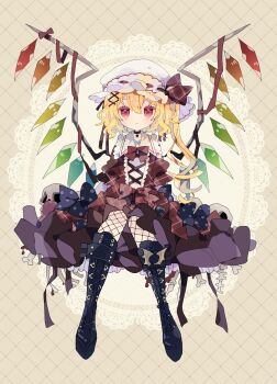 1girl absurdres black_boots blonde_hair blue_bow bone boots bow brown_background choker closed_mouth commentary_request cross-laced_clothes cross-laced_dress doily dress_bow fishnet_pantyhose fishnets flandre_scarlet full_body hair_between_eyes hair_ornament hat hat_ribbon heart heart_choker highres lace-up_boots long_hair mob_cap nikorashi-ka one_side_up pantyhose plaid_ribbon polka_dot polka_dot_bow red_bow red_eyes red_ribbon ribbon skull solo spine touhou white_hat wings x_hair_ornament