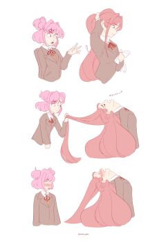 2girls blush bow brown_hair doki_doki_literature_club doki_doki_literature_club_school_uniform full-face_blush grabbing_another's_hair green_eyes hair_pulled_back highres holding_another's_hair long_hair moaning monika_(doki_doki_literature_club) multiple_girls natsuki_(doki_doki_literature_club) nervous nervous_sweating non-web_source nose_blush pink_eyes pink_hair pulling pulling_another's_hair school_uniform short_hair sweat uncommon_stimulation white_bow wormygums yuri