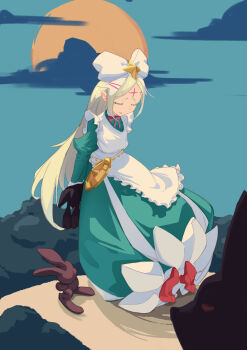 1girl absurdres apron blonde_hair blue_dress bow closed_eyes cloud commentary_request dress facial_mark forehead_mark hair_bow highres large_bow long_hair long_sleeves mahou_shoujo_ni_akogarete morino_korisu nero_alice open_mouth rabbit red_shoes shoes sky sun tinamou venalita white_apron white_bow