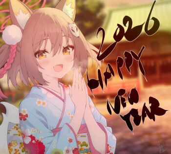 1girl 2026 alternate_costume animal_ear_fluff animal_ears blue_archive blue_kimono blush braid brown_hair commentary_request fang floral_print floral_print_kimono fox_ears fox_girl fox_tail hair_between_eyes hair_ornament halo happy_new_year izuna_(blue_archive) japanese_clothes kimono looking_at_viewer new_year obi one_side_up open_mouth own_hands_together pink_halo print_kimono s_sequentia sash short_hair single_braid skin_fang solo tail white_sash yellow_eyes