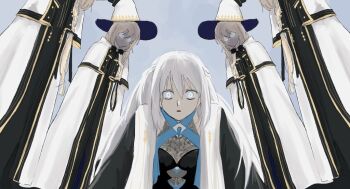 aesc_(fate) aesc_(rain_witch)_(fate) black_dress blonde_hair blue_eyes dress fate/grand_order fate_(series) glasses hair_between_eyes hat long_hair mahou_shoujo_madoka_magica mahou_shoujo_madoka_magica:_hangyaku_no_monogatari morgan_le_fay_(fate) morgan_le_fay_(queen_of_winter)_(fate) multiple_girls multiple_persona nomoregenreplz ponytail scene_reference simple_background spikes white_hair witch_hat