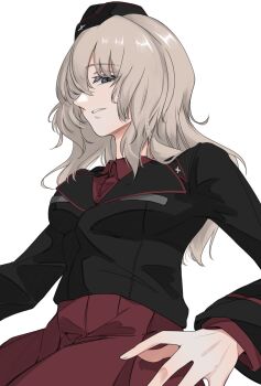 Rule 34 | black hat, black jacket, blue eyes, commentary request, cross, girls und panzer, grey hair, hat, highres, iron cross, itsumi erika, jacket, kuromorimine military uniform, long hair, long sleeves, looking at viewer, red shirt, red skirt, shirt, skirt, yaegashi isa