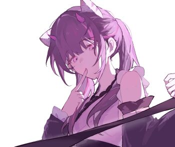 Rule 34 | 1boy, absurdres, animal ears, bare shoulders, black hair, black sleeves, blunt bangs, chinese commentary, cho kaguya-hime!, commentary request, crossdressing, crossdressing (mtf), detached sleeves, finger to mouth, highres, horns, index finger raised, japanese clothes, kimono, komazawa noi, loma, long hair, long sleeves, looking at viewer, male focus, multicolored hair, pink eyes, pink horns, pink kimono, simple background, solo, streaked hair, tiger ears, trap, twintails, upper body, white background