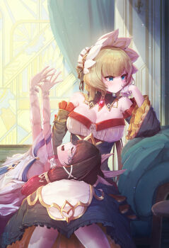 2girls absurdres bare_shoulders black_hair blue_eyes breasts brown_hair closed_eyes closed_mouth columbina_(genshin_impact) detached_collar detached_sleeves dress eye_mask genshin_impact gloves hair_ornament head_wings headdress highres long_hair long_sleeves lying_on_lap mask multicolored_hair multiple_girls pemosuke ribbon sandrone_(genshin_impact) short_hair_with_long_locks simple_background smile solo streaked_hair two-tone_hair very_long_hair white_dress white_gloves white_mask wings