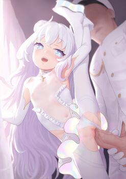 +_+ 1boy 1girl azur_lane blue_eyes clothed_sex clothing_aside covered_erect_nipples covered_navel double_bun dress elbow_gloves gloves hair_bun hetero highres le_malin_(azur_lane) le_malin_(muse)_(azur_lane) leg_lift leg_up leotard leotard_aside loli long_hair open_mouth pantyhose penis pumpkinspicelatte pussy see-through_clothes sex silver_hair smile solo_focus split spread_legs standing standing_on_one_leg standing_split symbol-shaped_pupils torn_clothes torn_legwear tutu uncensored vaginal very_long_hair white_dress white_gloves white_leotard white_pantyhose