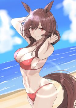 1girl absurdres animal_ears bare_shoulders beach bikini blue_sky blush braid braided_hair_rings breasts brown_hair cleavage cloud gentildonna_(umamusume) hair_between_eyes hair_rings highres horse_ears horse_girl horse_tail ken_(shutenndouji1) large_breasts long_hair looking_at_viewer navel ocean parted_lips red_bikini red_eyes sky smile solo stomach swimsuit tail umamusume water