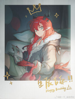 1boy arknights arm_tattoo artist_name balloon bed bedroom black_horns blue_hair book chinese_commentary closed_mouth commentary_request cowboy_shot dark_room dragon_hood dragon_horns dragon_tail drawn_crown drawn_star eastern_dragon_horns eastern_dragon_tail fake_photograph forked_eyebrows hair_down happy_birthday highres holding holding_book horns indoors kang_yiqian_(self_cultivation) long_hair looking_at_viewer multicolored_hair official_artist_extra photo_album pillow pointy_ears red_hair red_tattoo shorts sitting sleepwear solo streaked_hair tail tattoo weibo_username yu_(arknights)