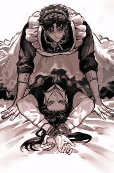 2boys apron bound bound_wrists boy_on_top collared_dress commentary crossdressing crossdressing_(mtf) dress forehead_protector frilled_apron frills highres long_hair maid maid_apron maid_headdress male_focus male_maid momoyoru1 multiple_boys naruto_(series) naruto_shippuuden on_bed short_hair uchiha_itachi uchiha_shisui white_background yaoi