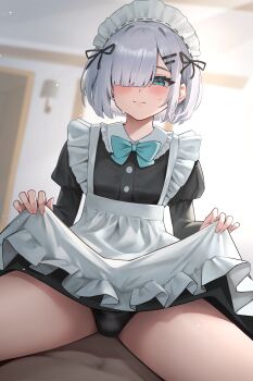 2boys absurdres apron apron_lift aqua_bow aqua_eyes black_dress black_panties black_ribbon blurry blurry_background blush bow bulge closed_mouth clothes_lift crossdressing crossdressing_(mtf) dress dress_lift frilled_apron frills grey_hair hair_ornament hair_over_one_eye hairclip hakusyokuto highres indoors lifting_own_clothes looking_at_viewer maid maid_apron maid_headdress male_focus male_maid multiple_boys original paid_reward_available panties ribbon short_hair sweat textless_version trap underwear white_apron
