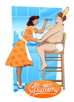 1boy 1girl adult_baby apron brown_hair commentary diaper dress english_commentary english_text fat fat_man feeding femdom from_side high_heels highres holding holding_spoon orange_dress original print_dress spoon voloh white_apron