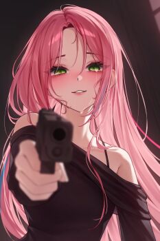 1girl absurdres aiming armpit_crease bags_under_eyes black_sweater blurry blurry_foreground bra_strap crying crying_with_eyes_open depth_of_field forehead green_eyes gun hanako_nana handgun hashtag-only_commentary highres holding holding_gun holding_weapon long_hair long_sleeves looking_at_viewer multicolored_hair off-shoulder_sweater off_shoulder outstretched_arm parted_lips pov purple_eyes solo soo_ou stellive straight-on straight_hair streaked_hair sweater tears upper_body virtual_youtuber weapon