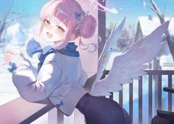 1girl absurdres alternate_costume alternate_hairstyle black_pants blue_archive blue_scarf blush cup feathered_wings from_side hair_bun hair_ornament hair_scrunchie halo highres holding holding_cup jacket may.l mika_(blue_archive) open_mouth pants pink_hair purple_halo scarf scrunchie sidelocks single_side_bun snow white_jacket white_scrunchie white_wings wings wooden_porch yellow_eyes yoga_pants