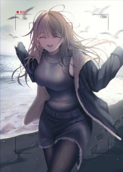 1girl :d absurdres beach belt black_belt black_pantyhose black_shorts breasts brown_hair closed_eyes commentary_request denim denim_jacket denim_shorts facing_viewer flock grey_sweater hair_intakes hands_up haru_(haru83380282) highres jacket jewelry large_breasts light_blush long_sleeves looking_at_viewer lower_teeth_only multicolored_hair necklace ocean open_clothes open_jacket open_mouth outdoors pantyhose pink_hair recording ribbed_sweater shorts sleeve_cuffs sleeveless sleeveless_sweater sleeves_past_wrists smile solo sweater tachibana_hinano teeth two-tone_hair viewfinder virtual_youtuber vspo! walking