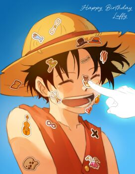 Rule 34 | 1boy, 1other, absurdres, bare shoulders, birthday, birthday cake, black hair, blue background, blue sky, blush, book, cake, character name, closed eyes, collarbone, cross, finger to another's nose, food, fruit, gradient background, happy, happy birthday, hat, highres, instrument, katana, mandarin orange, monkey d. luffy, nondrea, one piece, open book, open mouth, red vest, short hair, sky, smile, solo, sticker, sticker on face, straw hat, sword, upper body, vest, violin, weapon