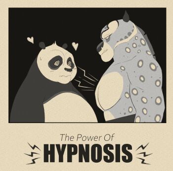 2boys @_@ animal_ears bara blush commentary english_commentary english_text furry furry_male heart highres hypnokoo kung_fu kung_fu_panda leopard_boy leopard_ears looking_at_another looking_at_chest male_focus meme monochrome multiple_boys muscular muscular_male panda_boy panda_ears po_(kung_fu_panda) spotted_fur tai_lung the_power_of_hypnosis_(meme) yaoi