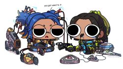 Rule 34 | 2girls, annoyed, apex legends, artist name, black hair, blonde hair, blue hair, cable, cartoonized, chibi, commentary, conduit (apex legends), country connection, crossed legs, crossover, d.o.c. health drone, dark-skinned female, dark skin, english commentary, freckles, hack (apex legends), hair behind ear, highres, jumper cable, lightning bolt symbol, miyan (oceanmaiden), multicolored hair, multiple girls, neon (valorant), non-humanoid robot, philippines, power cord, robot, shadow, sitting, streaked hair, toon (style), two side up, valorant, white background