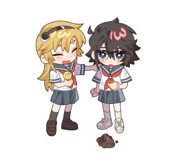 2girls :d black_sailor_collar black_skirt blonde_hair blush brown_hair chibi chinese_commentary commentary food full_body glasses ice_cream jiguang_haibao koishikawa_iko long_hair long_sleeves miniskirt momijiyama_teru multiple_girls neckerchief open_mouth pleated_skirt red_neckerchief sad sailor_collar school_uniform short_hair shy_(series) skirt smile standing tearing_up yellow_eyes