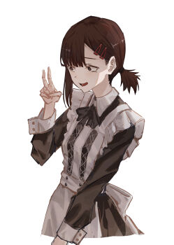 1girl absurdres alternate_costume apron black_bow black_bowtie black_dress bow bowtie brown_eyes brown_hair chainsaw_man cokei dress enmaided hair_ornament hairclip higashiyama_kobeni highres maid open_mouth simple_background solo v white_apron white_background