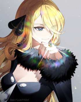 1girl alternate_eye_color black_nails blonde_hair blue_eyes breasts cleavage closed_mouth cynthia_(pokemon) fur_collar grey_background hair_over_one_eye hand_up highres looking_at_viewer medium_breasts mega_ring nintendo pokemon pokemon_dppt sakaralalala simple_background smile solo upper_body