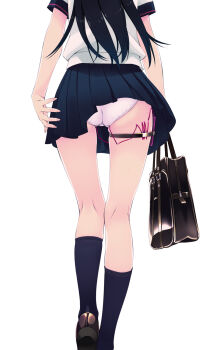 1girl ass bag black_hair blue_socks clothes_lift discreet_vibrator f-ism female_focus from_behind head_out_of_frame highres holding holding_bag kneehighs kneepits legs long_hair lower_body murakami_suigun original panties pantyshot remote_control_vibrator school_bag school_uniform serafuku sex_toy skirt skirt_lift socks solo standing sweat thigh_gap thigh_strap underwear upskirt vibrator vibrator_under_clothes vibrator_under_panties waist_down white_panties wind wind_lift