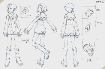 Rule 34 | 1girl, 2000s (style), badge, boots, reference sheet, gainax, greyscale, lal'c mellk mal, monochrome, multiple views, necktie, notes, official art, production art, sadamoto yoshiyuki, short hair, top wo nerae! (series), top wo nerae 2!, traditional media