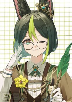 1boy animal_ear_fluff animal_ears black_hair brown_jacket feathers fox_boy fox_ears genshin_impact glasses gloves green_eyes green_hair hair_between_eyes hair_ornament holding holding_feather holding_pen jacket long_sleeves male_focus multicolored_hair one_eye_closed pen shirt short_hair solo streaked_hair tam_tm tighnari_(duolingo)_(genshin_impact) tighnari_(genshin_impact) white_gloves white_shirt