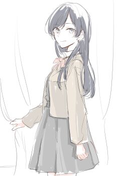 1girl black_dress black_eyes black_hair brown_shirt closed_mouth commentary_request dress highres long_hair long_sleeves nanami_touko pinafore_dress school_uniform shirt sleeveless sleeveless_dress solo tasuku2218 tohmi_higashi_high_school_uniform yagate_kimi_ni_naru