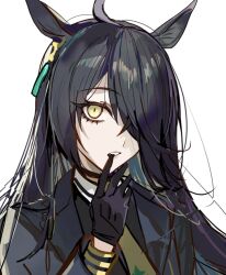 1girl adjusting_clothes adjusting_gloves animal_ears biting biting_glove black_choker black_coat black_eyeliner black_eyeshadow black_gloves choker coat ear_tag earrings eyeliner eyeshadow gloves hair_over_one_eye hand_up horse_ears horse_girl jewelry kanniiepan long_bangs long_hair makeup manhattan_cafe_(umamusume) open_clothes open_coat single_earring solo umamusume very_long_hair yellow_eyes